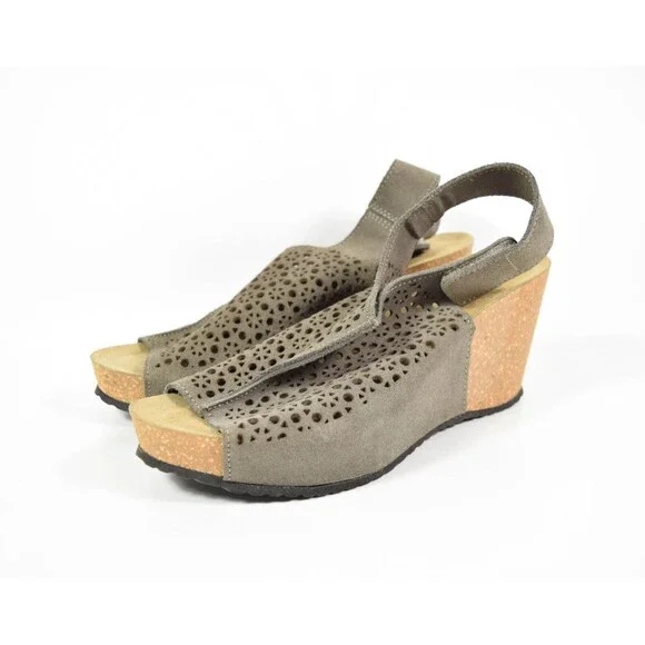 Bio Gold Taupe Suede Cut Out Cork Wedge Slingback Open Toe Sandals Sz 8 - Picture 3 of 6